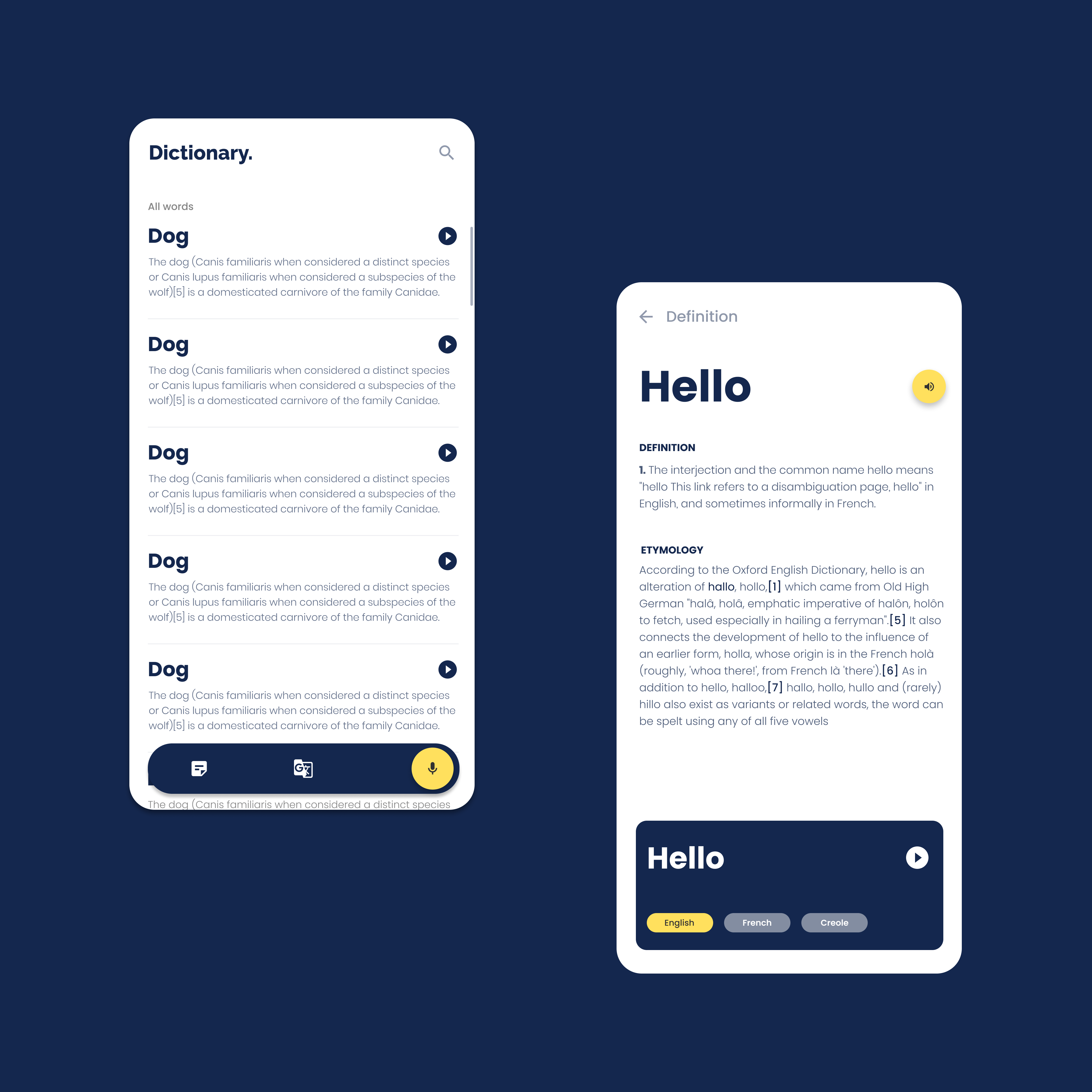 Dictionary app UI/UX design